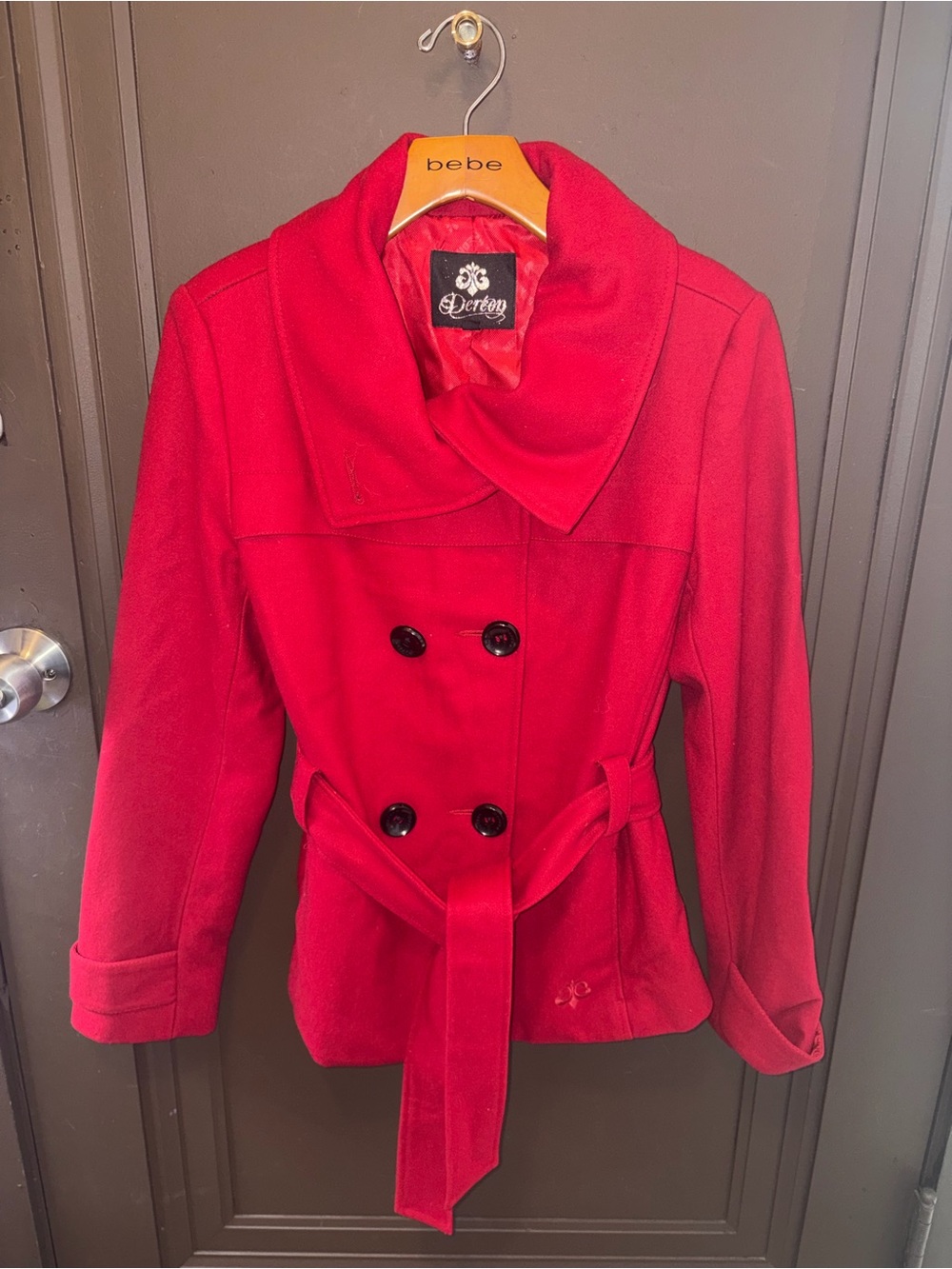 Vintage Y2K House of Deréon Red Double-Breasted Belted Pea Coat Women’s size S